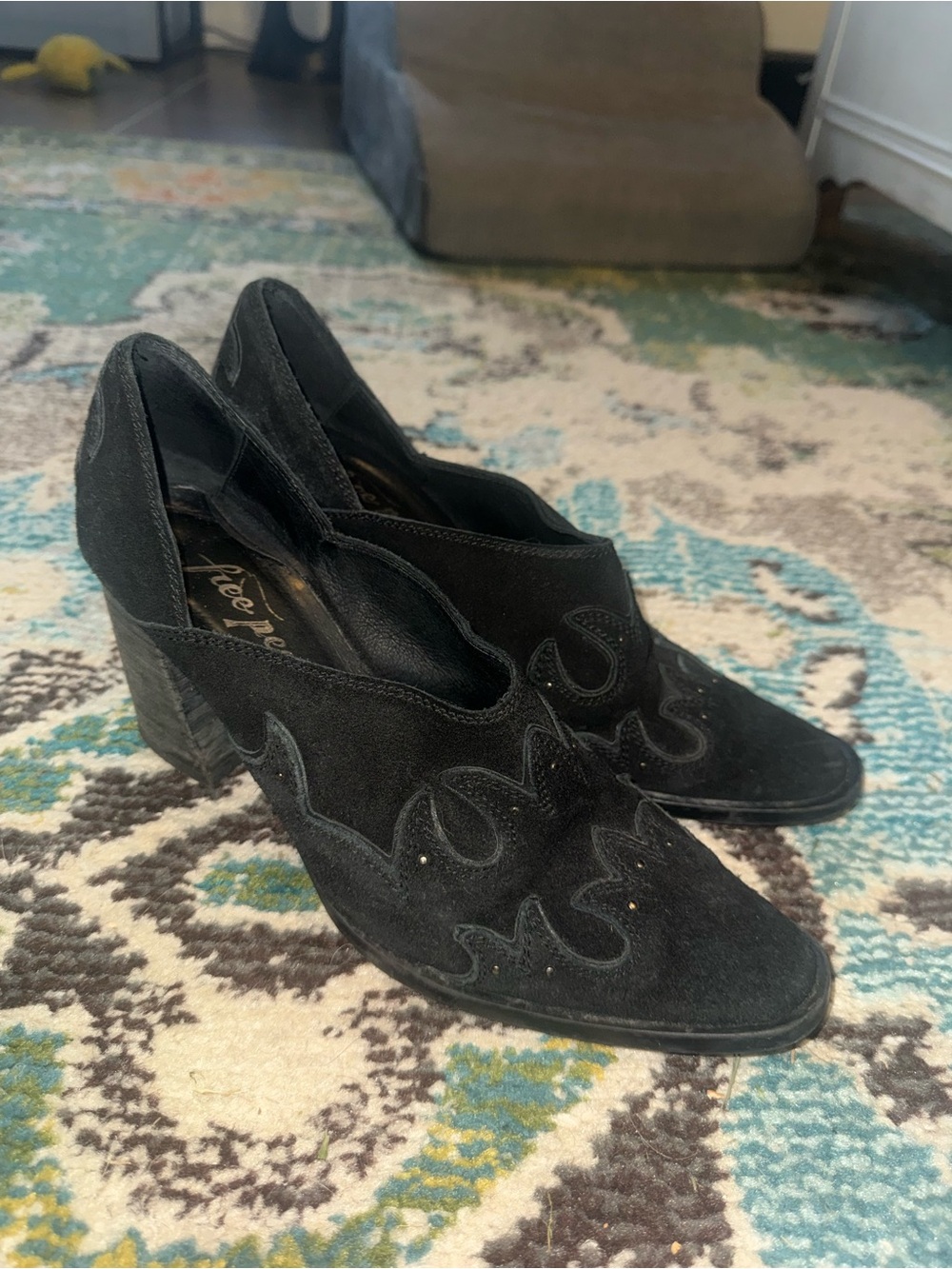 Free People Black Suede Western Cutout Heels Size 9